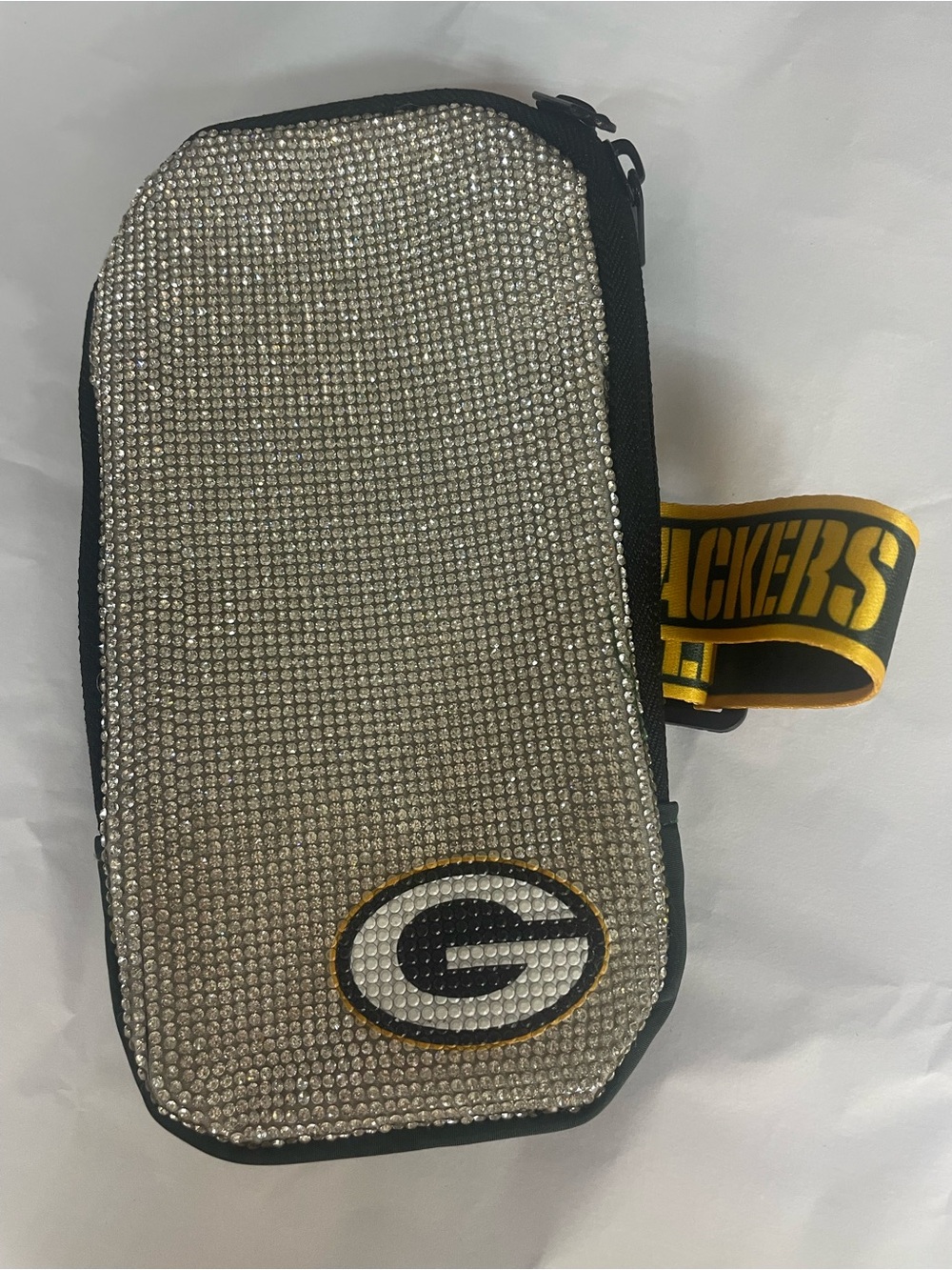 NFL Silver Rhinestone Wristlet with Green Bay Logo and Gold Accent Strap